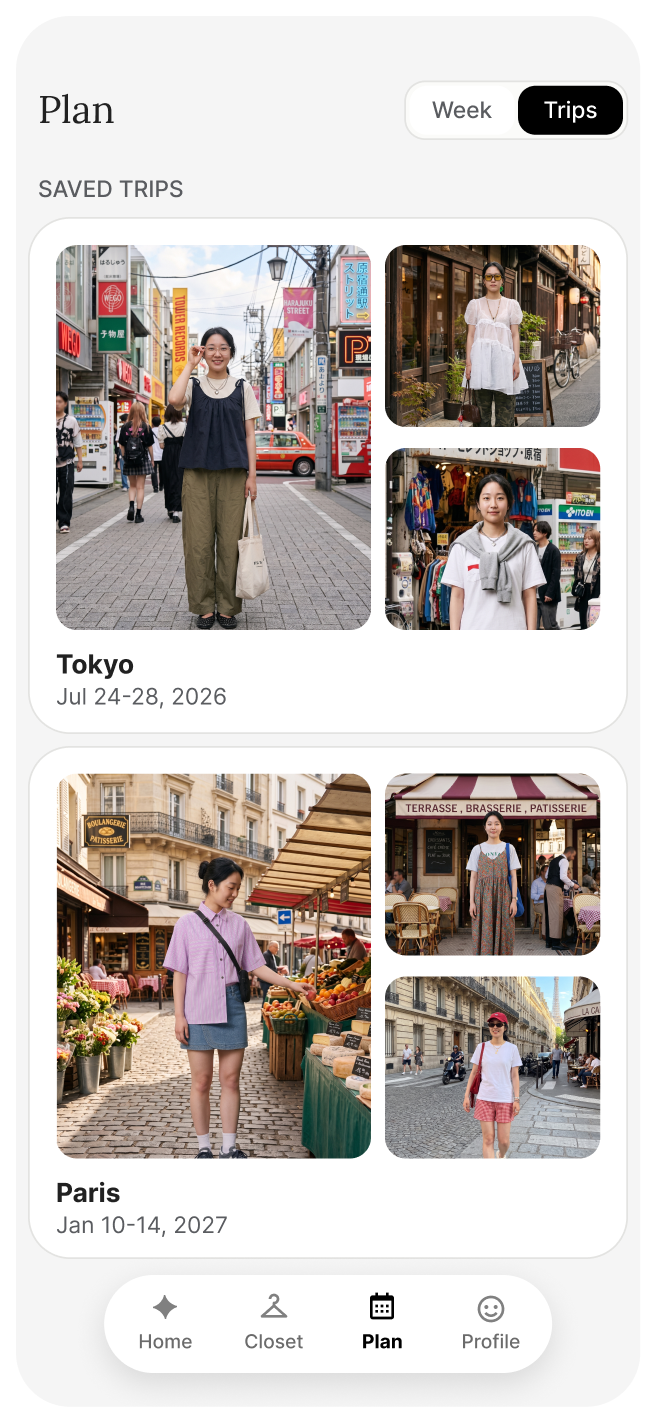 Layar Rencana di Style Sketch, menampilkan perjalanan tersimpan ke Tokyo dan Paris, masing-masing sudah berisi satu set padu padan yang disusun untuk tanggalnya.